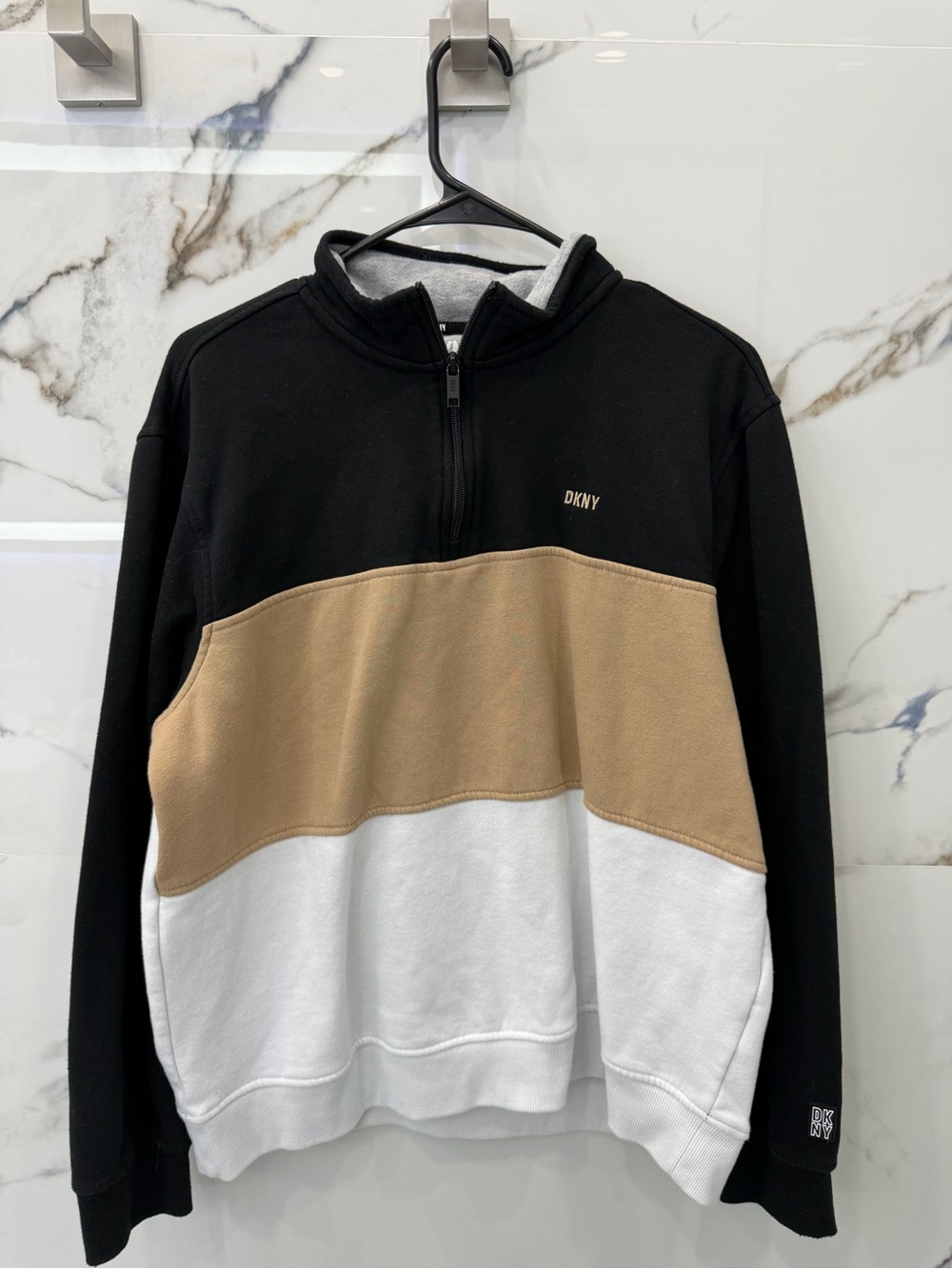 DKNY Men’s Black, Tan & White Zip-Up Colorblock Pullover